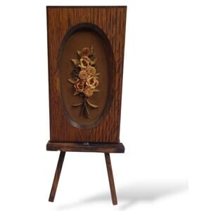 Wooden Vintage Floral Picture With Easel Handmade Rolled Paper Flowers 3D